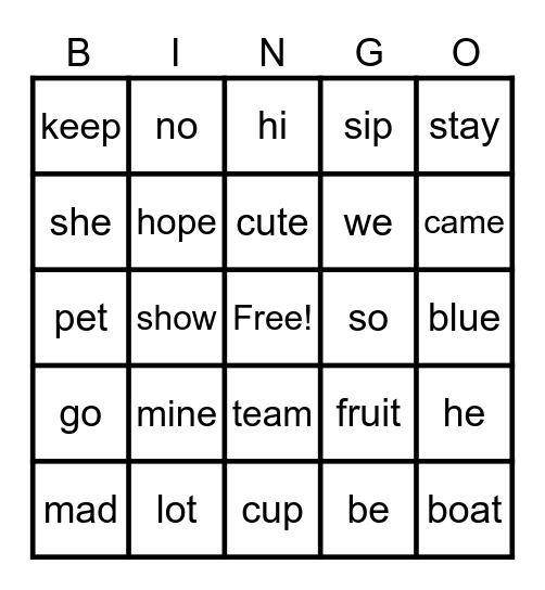 open/closed/silent e/vowel team Bingo Card