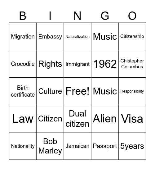 Citizenship Bingo Card