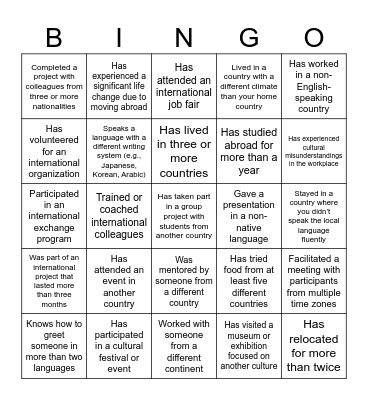 Cultural and Global Career Bingo Card