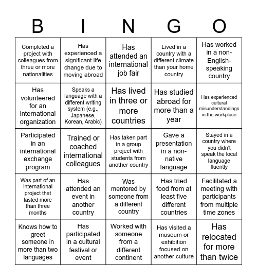 Cultural and Global Career Bingo Card