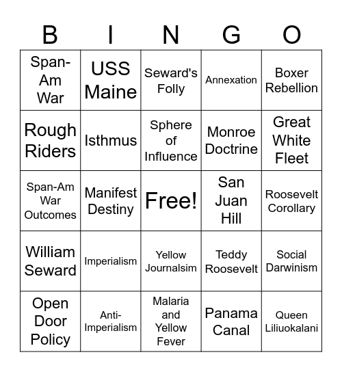 American Imperialism Bingo Card