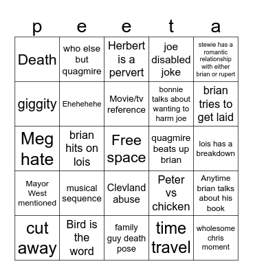 Family Guy Bingo Card