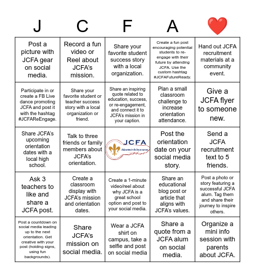 JCFA Teacher Bingo Card