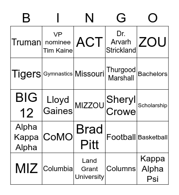 University of Missouri Bingo Card