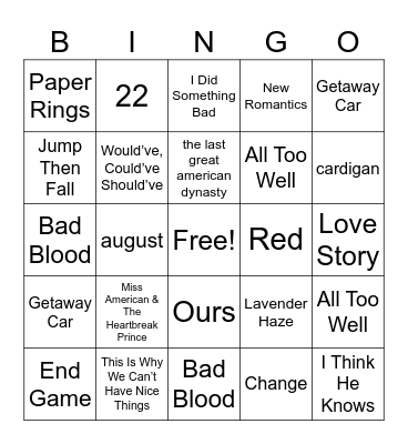 Taylor Swift Song Bingo Card