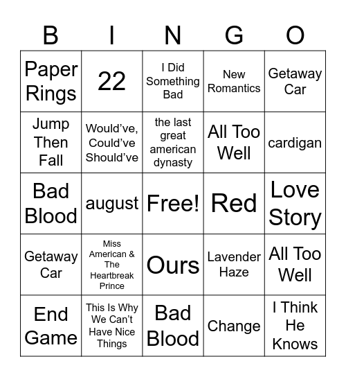 Taylor Swift Song Bingo Card