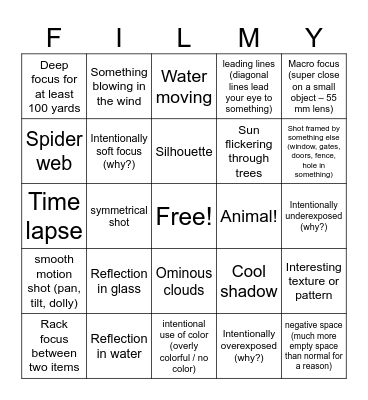 Documentary Poetic Imagery Bingo Card