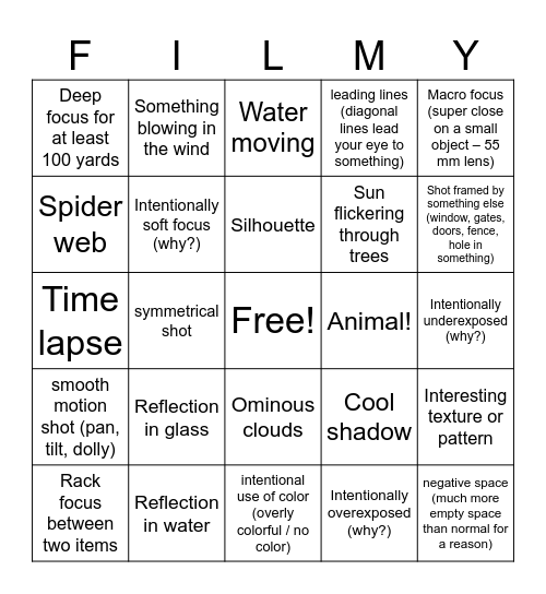 Documentary Poetic Imagery Bingo Card