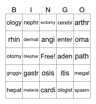 Medical Terminology Lesson 1 Bingo Card