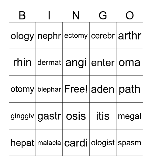 Medical Terminology Lesson 1 Bingo Card