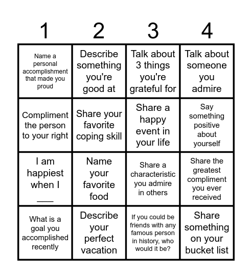 Positive talk BINGO Card