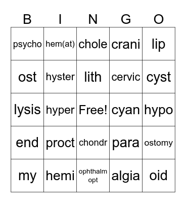 Medical Terminology Lesson 2 Bingo Card