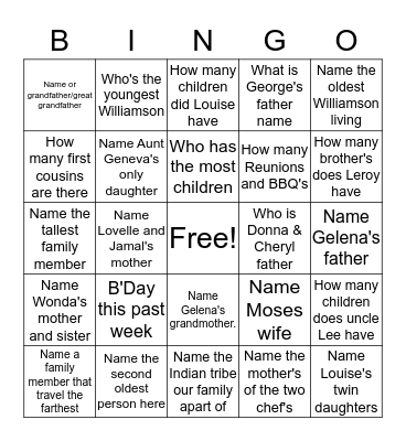 Williamson Family  Bingo Card