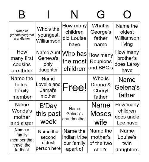 Williamson Family  Bingo Card