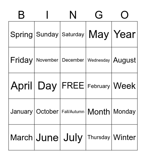 CALENDAR Bingo Card