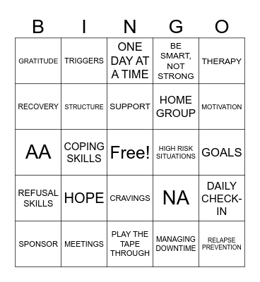 RECOVERY Bingo Card