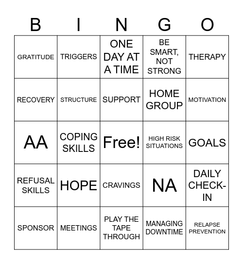 RECOVERY Bingo Card