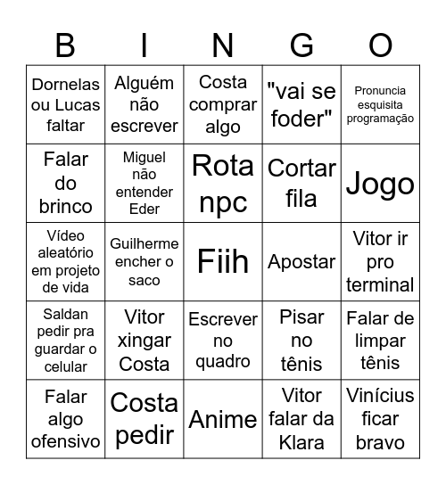 Escola Bingo Card