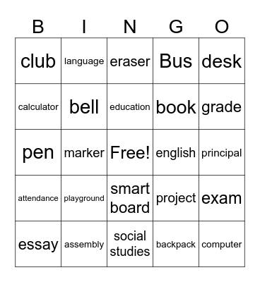 Back to School Bingo Card