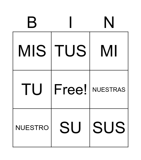 Spanish Possessive Adjectives Bingo Card