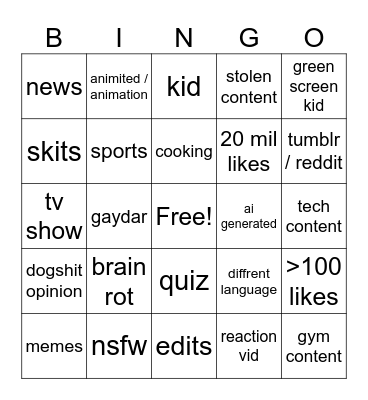 shorts Bingo Card