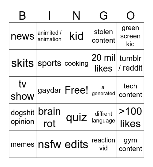 shorts Bingo Card