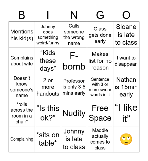 English 101 Bingo Card