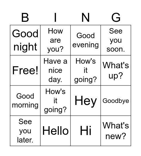 Greetings Bingo Card