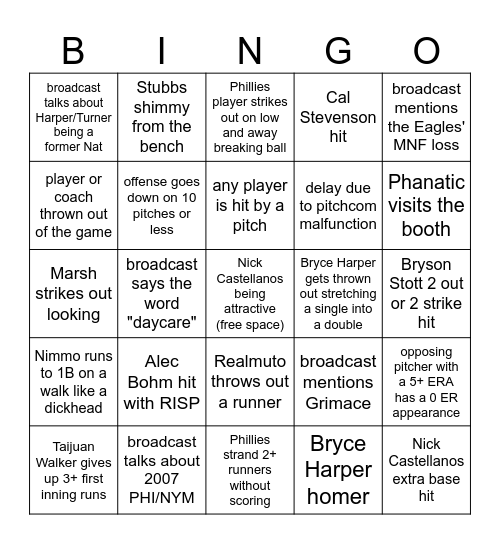 Phillies Bingo Card