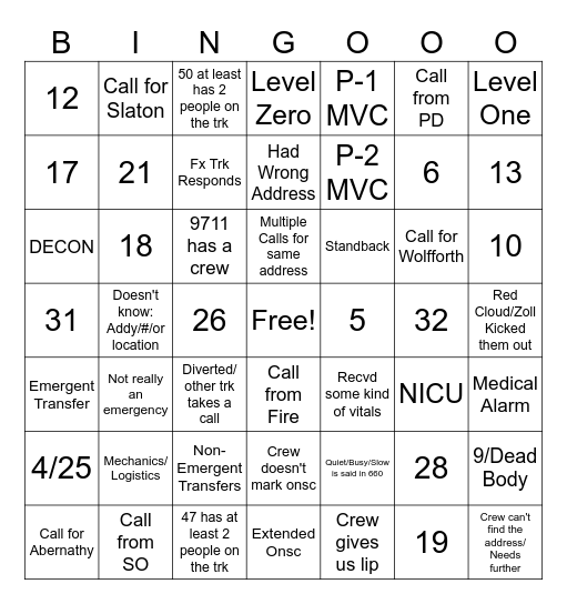 EMS Dispatch BINGO Card