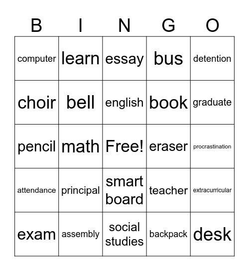 Back to School Bingo Card