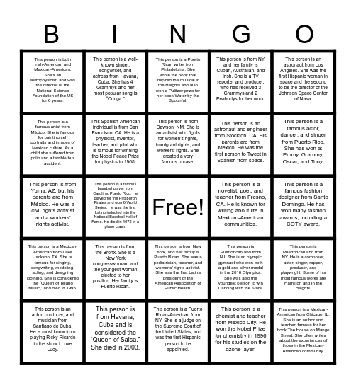 HISPANIC HERITAGE MONTH BINGO Card