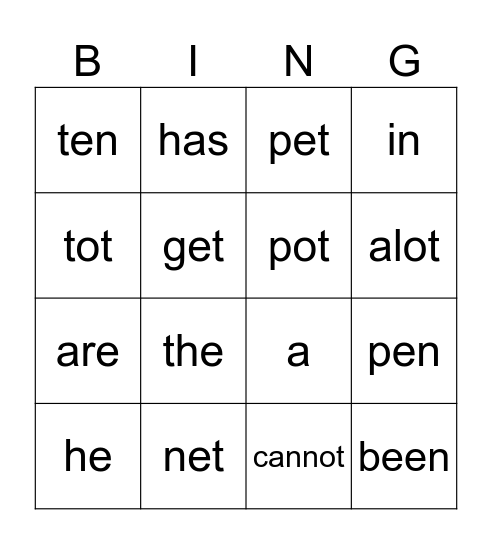 Short E Bingo Card