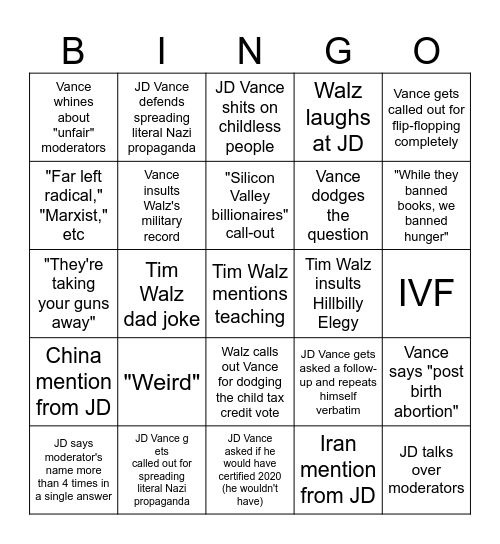 VP debate bingo Card