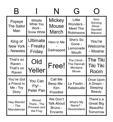 Disney Hits! Bingo Card