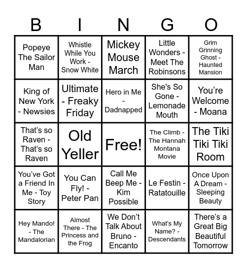 Disney Hits! Bingo Card