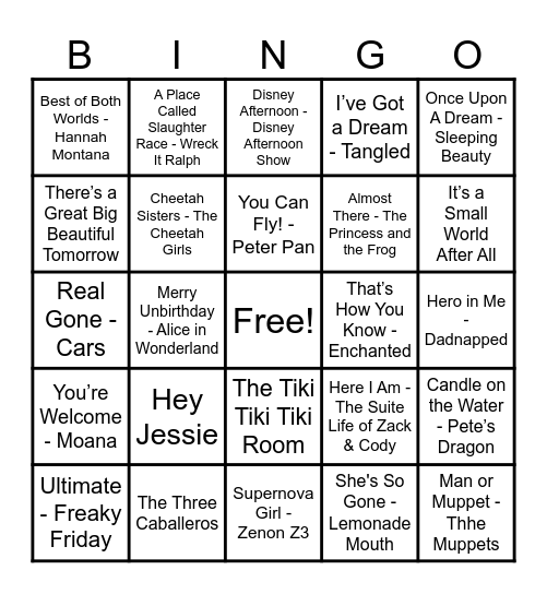 Disney Hits! Bingo Card