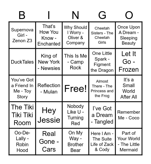 Disney Hits! Bingo Card