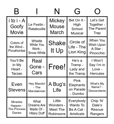 Disney Hits! Bingo Card