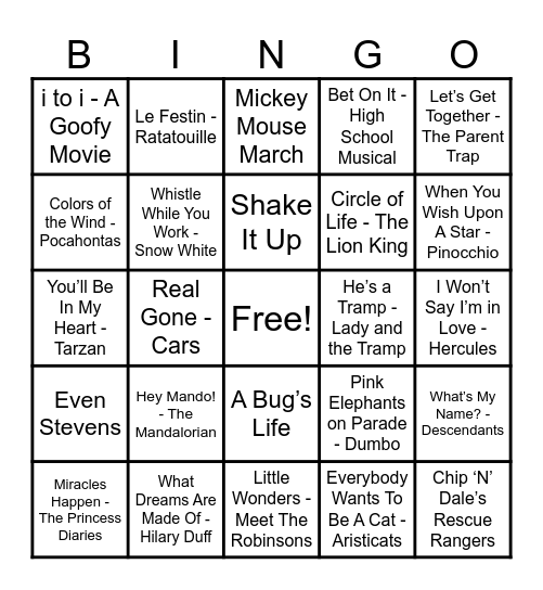 Disney Hits! Bingo Card