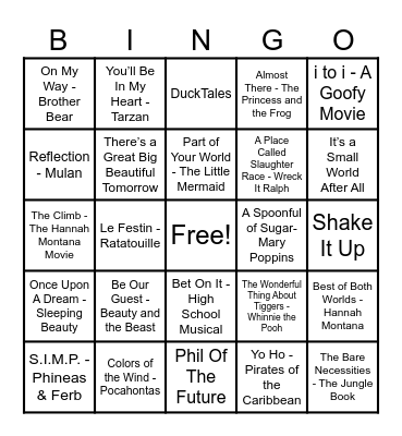 Disney Hits! Bingo Card