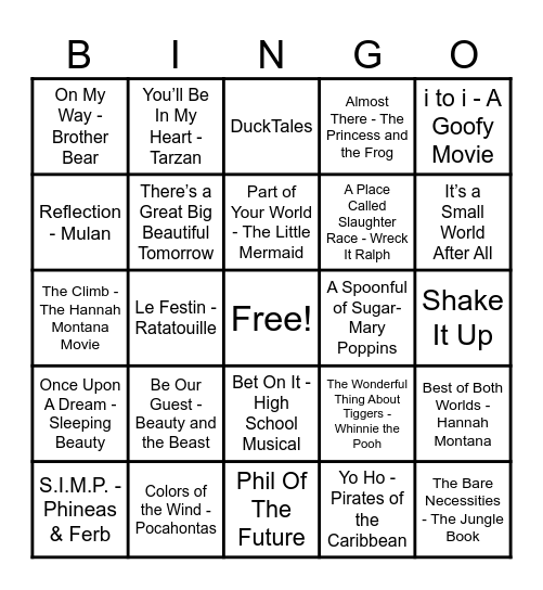 Disney Hits! Bingo Card