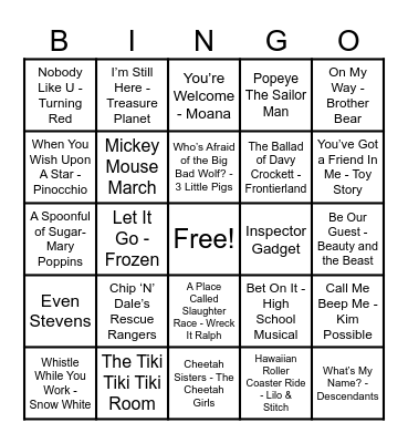 Disney Hits! Bingo Card