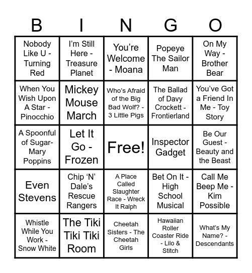 Disney Hits! Bingo Card