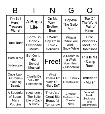 Disney Hits! Bingo Card