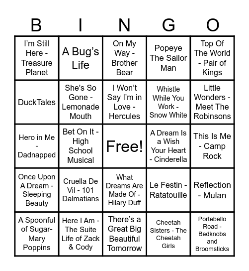 Disney Hits! Bingo Card