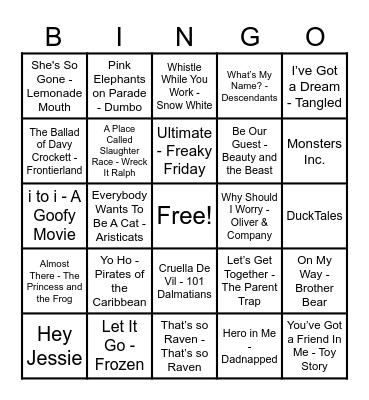 Disney Hits! Bingo Card