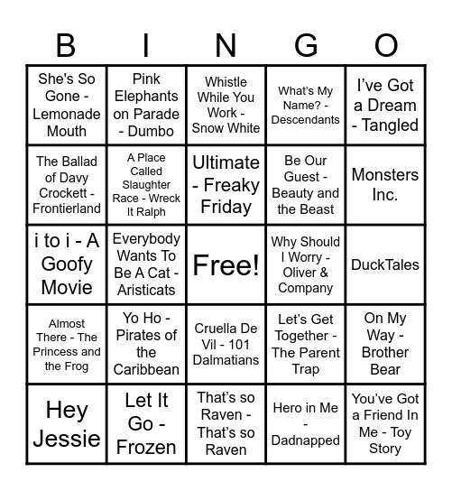 Disney Hits! Bingo Card