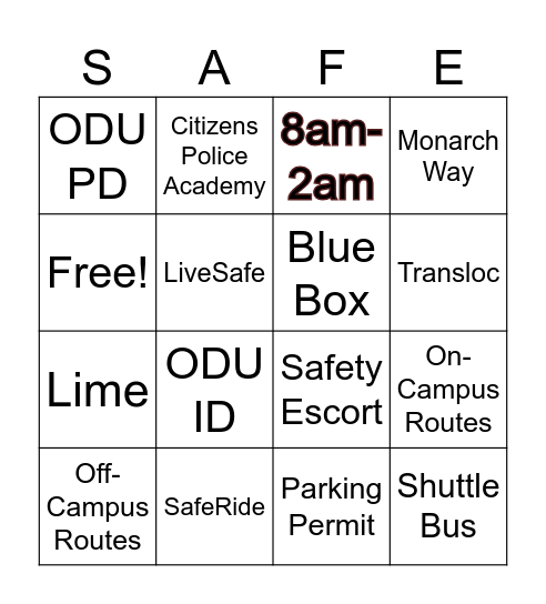 Safety & Transportation Bingo Card