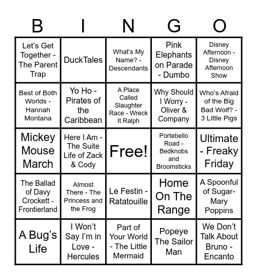 Disney Hits! Bingo Card